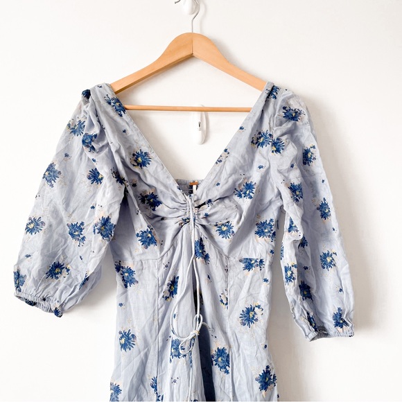 Free People Sea Glass Floral Puff Sleeve Midi Dress Blue Combo Sz 4 (S/M) - Picture 7 of 10